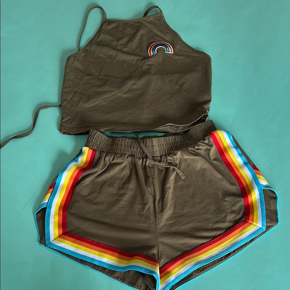 Retro Olive Rainbow Trim Women's Short and Halter Set